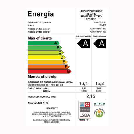 Aire Acondicionado James AAM09GLINV 9000 BTU Inverter