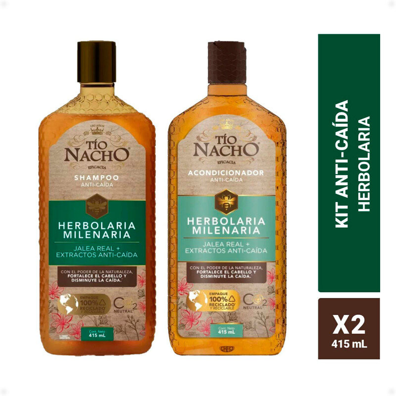 Pack Shampoo y Acondicionador Herbolaria Milenaria Jalea Real y Extractos Anticaída Tío Nacho de 415 ML Pack Shampoo y Acondicionador Herbolaria Milenaria Jalea Real y Extractos Anticaída Tío Nacho de 415 ML