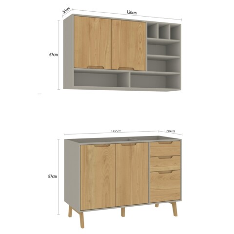 Combo de Cocina Wood Melilla Bajo Mesada Pileta Central y Aéreo con Piezas de Madera - Cinza Combo de Cocina Wood Melilla Bajo Mesada Pileta Central y Aéreo con Piezas de Madera - Cinza