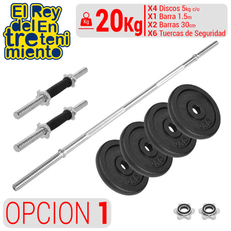 Set 2 Mancuernas + Barra 1.5m + 20 Kg Hierro Compacto 4 Discos 5Kg