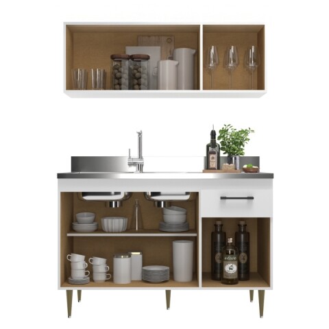 Bajo Mesada 3 Puertas 1 Cajón + Pileta Izquierda Tramontina Acero Inoxidable + Aéreo 3 Puertas - Blanco Bajo Mesada 3 Puertas 1 Cajón + Pileta Izquierda Tramontina Acero Inoxidable + Aéreo 3 Puertas - Blanco