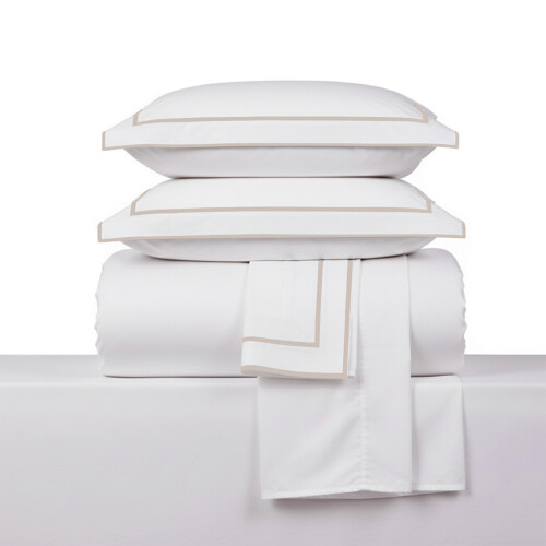 Juego de Sabana King Basic Color Block 200 Hilos - Pilar Blanco/Beige