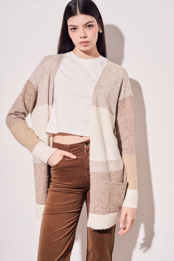Cardigan Color Block Beige Melange