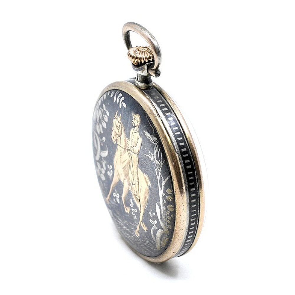 Reloj De Bolsillo En Plata Y Oro, 45,50 Mm, Escena De Caballo Y Jinete Reloj De Bolsillo En Plata Y Oro, 45,50 Mm, Escena De Caballo Y Jinete