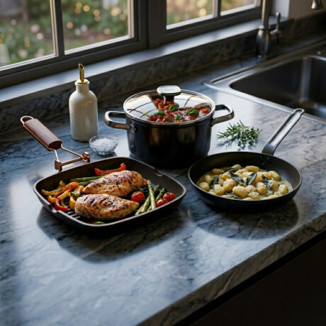 Kit Batería de Cocina con Sartén Grill Sartén Tricapa 24 cm y Cacerola Graphite Kit Batería de Cocina con Sartén Grill Sartén Tricapa 24 cm y Cacerola Graphite