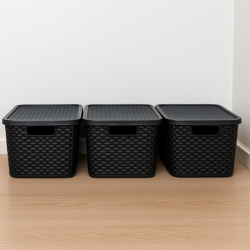 Set x3 caja simil ratán 7 lts NEGRO
