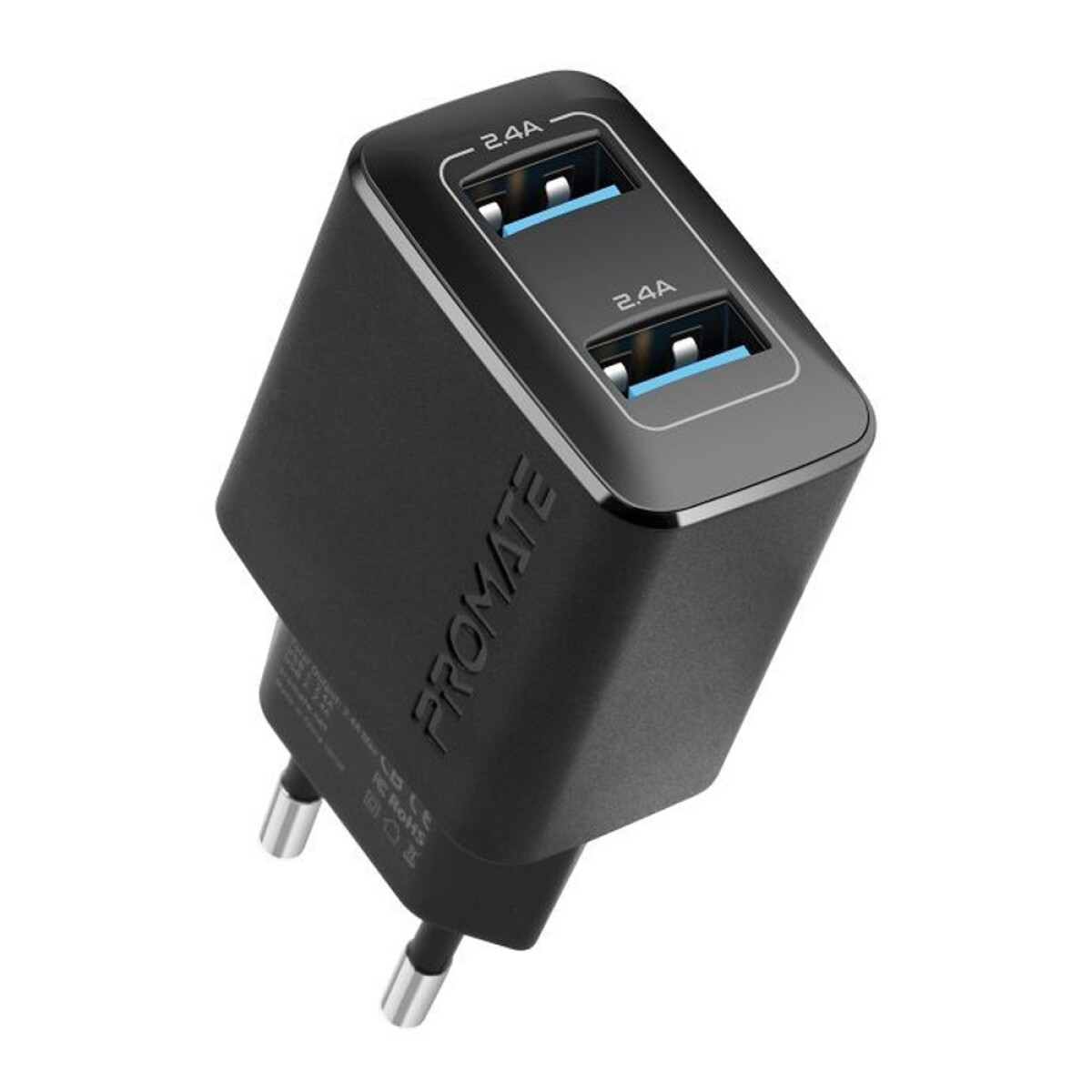 Cargador USB Doble de Pared 12W Carga Rápida Promate BiPlug-EU - Negro 