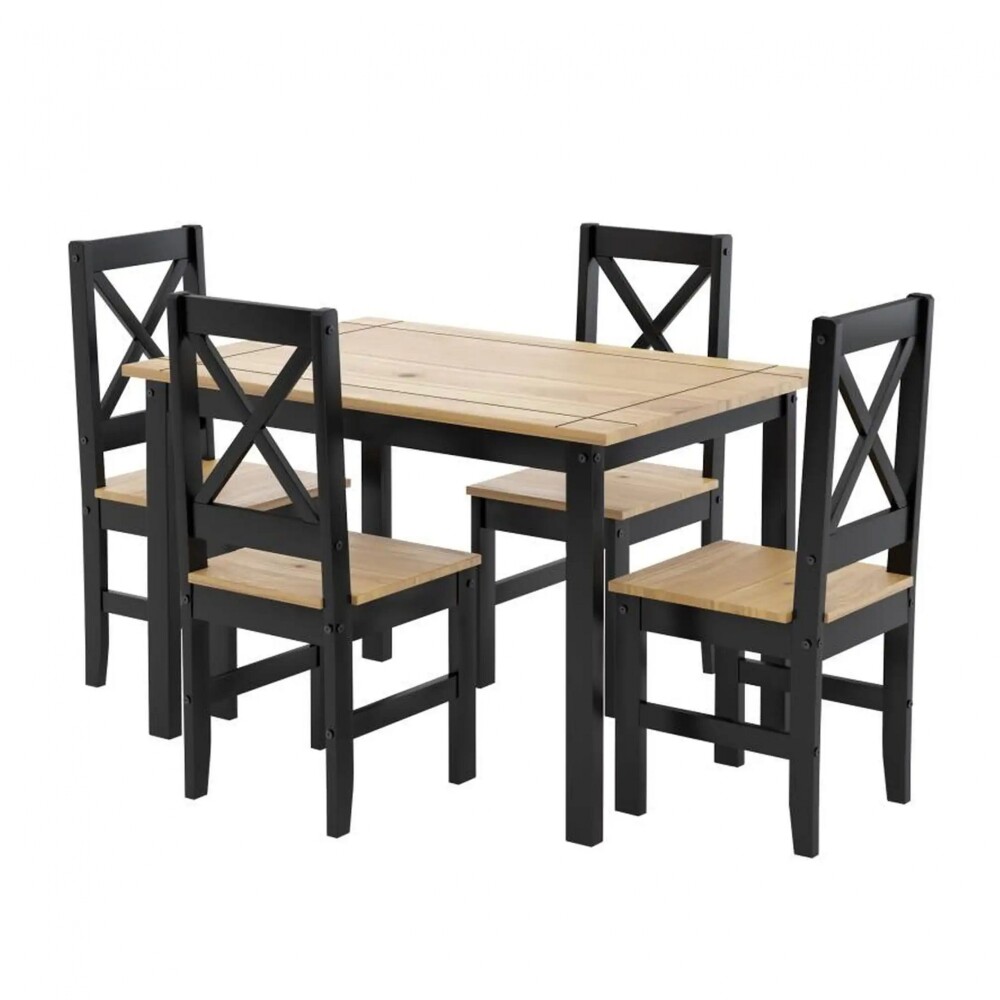 Juego de comedor 4 sillas - Madera maciza - Cruceta Negro