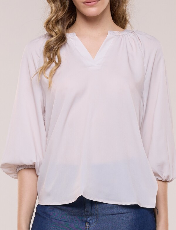 Blusa Gasa Escote V Manga 3/4 Abullonada BEIGE