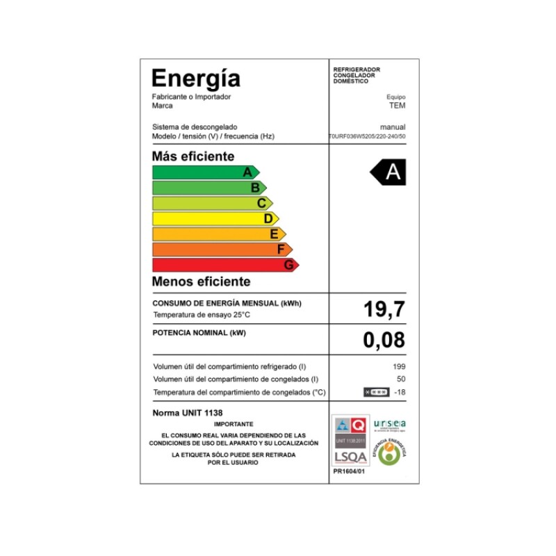 Heladera Tem 252l Frio Humedo Blanco Turf036 Heladera Tem 252l Frio Humedo Blanco Turf036