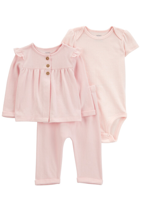 Set tres piezas de algodón, pantalón, saco y body, rosados Set tres piezas de algodón, pantalón, saco y body, rosados