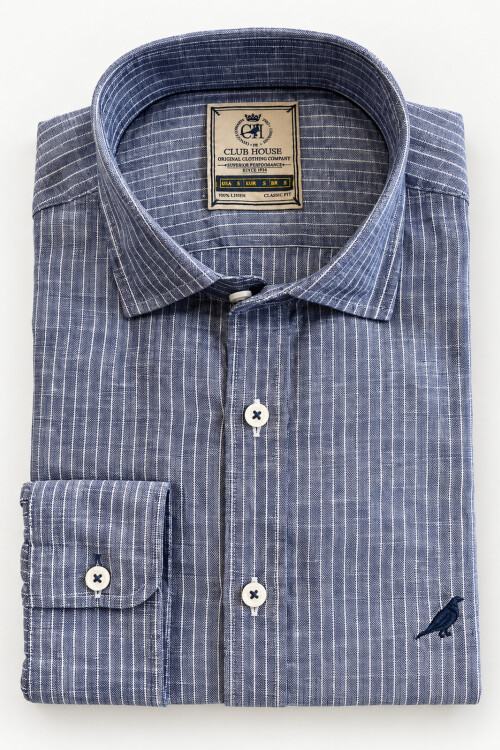 Camisa Lino Short Collar Rayas Azul Noche