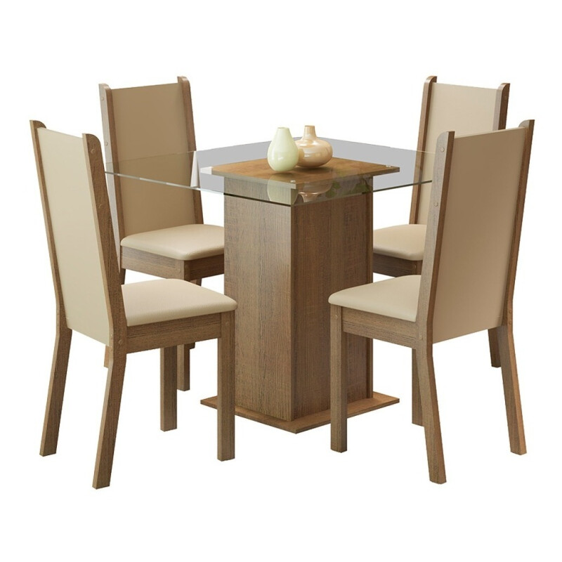 Juego De Comedor 4 Sillas/mesa Living De Vidrio Tapizado Rus Beige