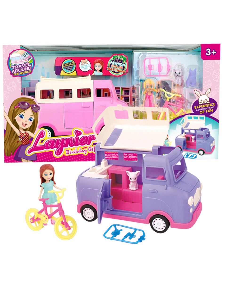 Set de muñeca con camioneta van y mascota 