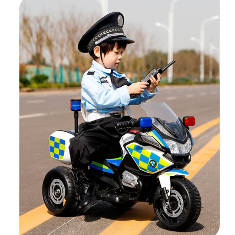 Moto Policía A Batería Con Reversa, Luces Sonido Blanco/Verde