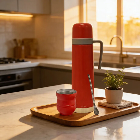 Set Termo 750ml con manija +mate 140ml +bombilla regalo Rojo