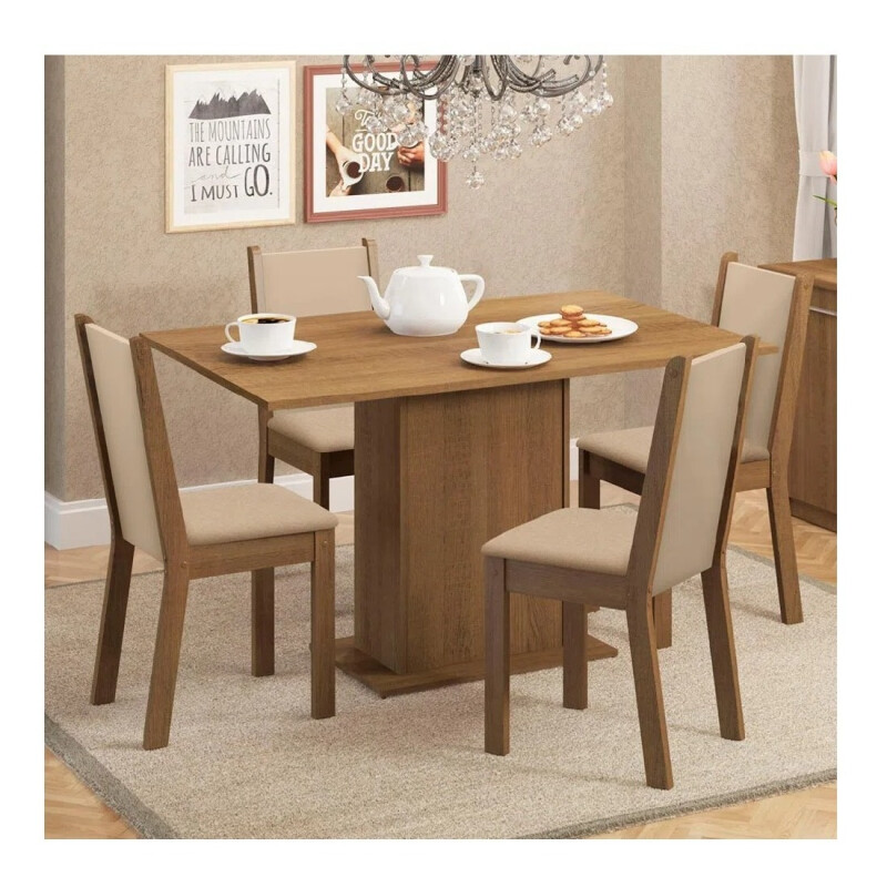 Juego De Comedor 4 Sillas Tapizadas Mesa De Living Rustico Beige