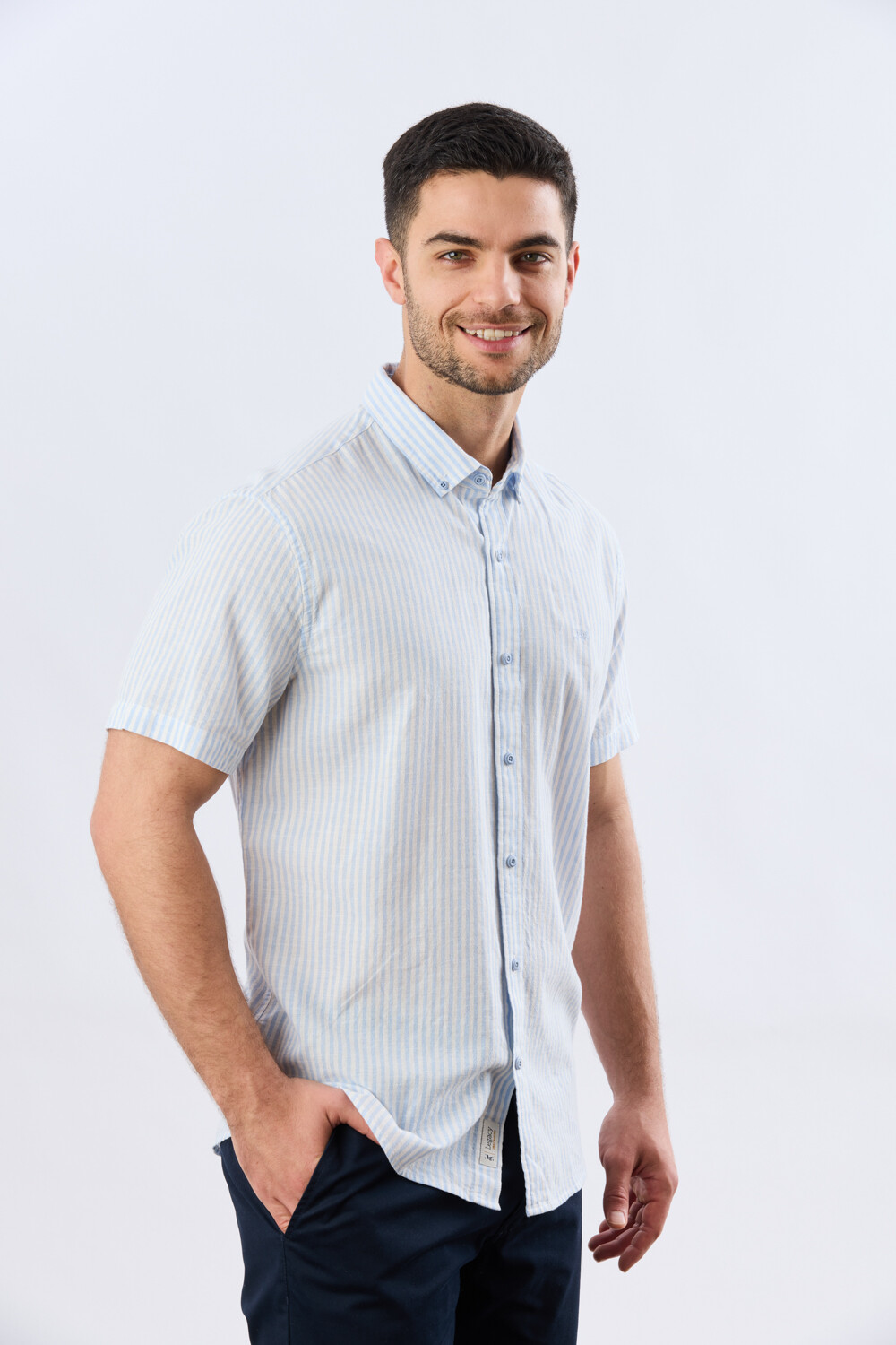 CAMISA RAYADA DE LINO Celeste