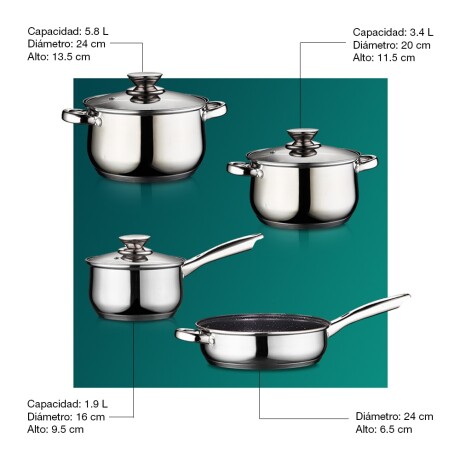 Juego de Ollas Batería Cocina 7Piezas Acero Inox Kaisa Villa Plateado