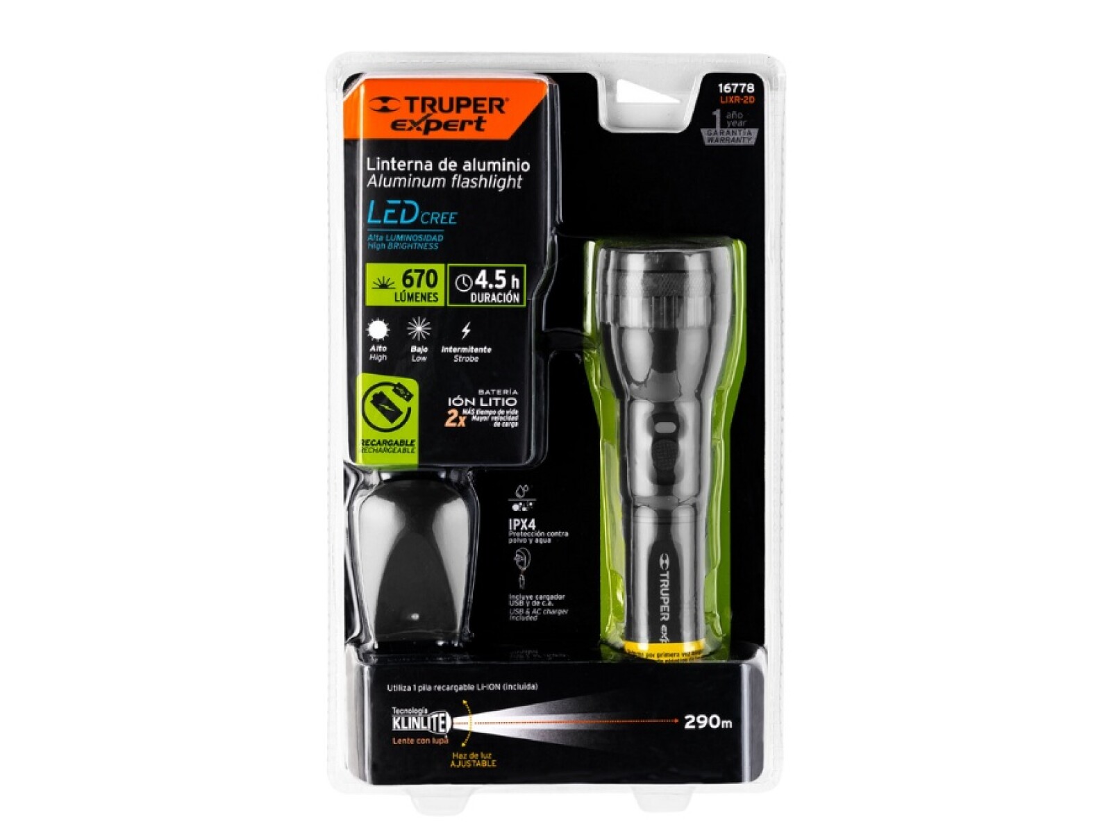 LINTERNA LED RECARGABLE 670LM ALUM. NEGRO 