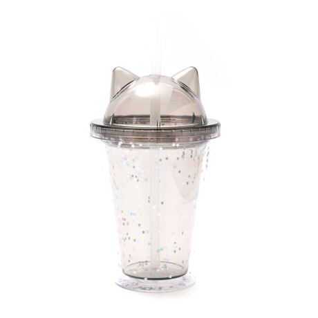 Vaso plástico orejas gatito con tapa y sorbete – 350ml Gris