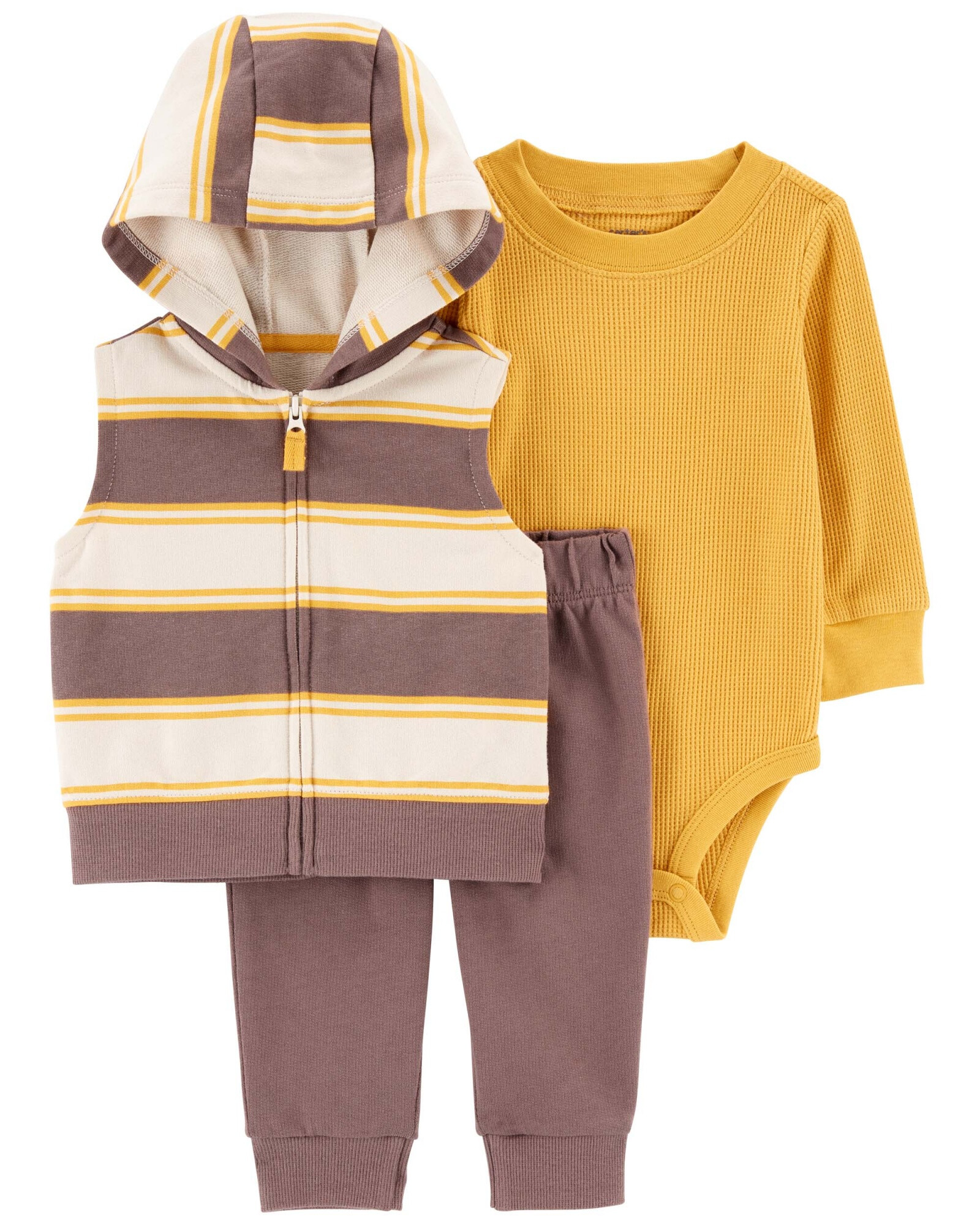 Set tres piezas de algodón, chaleco, pantalón y body Set tres piezas de algodón, chaleco, pantalón y body