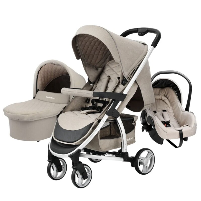 Kit Cochecito Carestino London 3 en 1 + Moisés + Butaca + Accesorios Beige