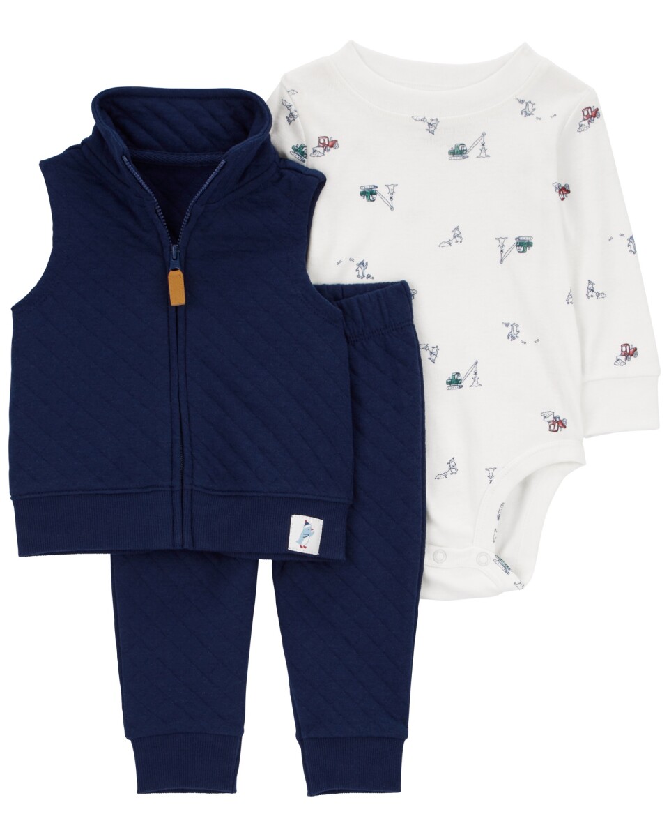 Set tres piezas de algodón, chaleco y pantalón capitoneados, más body, diseño pingüino 