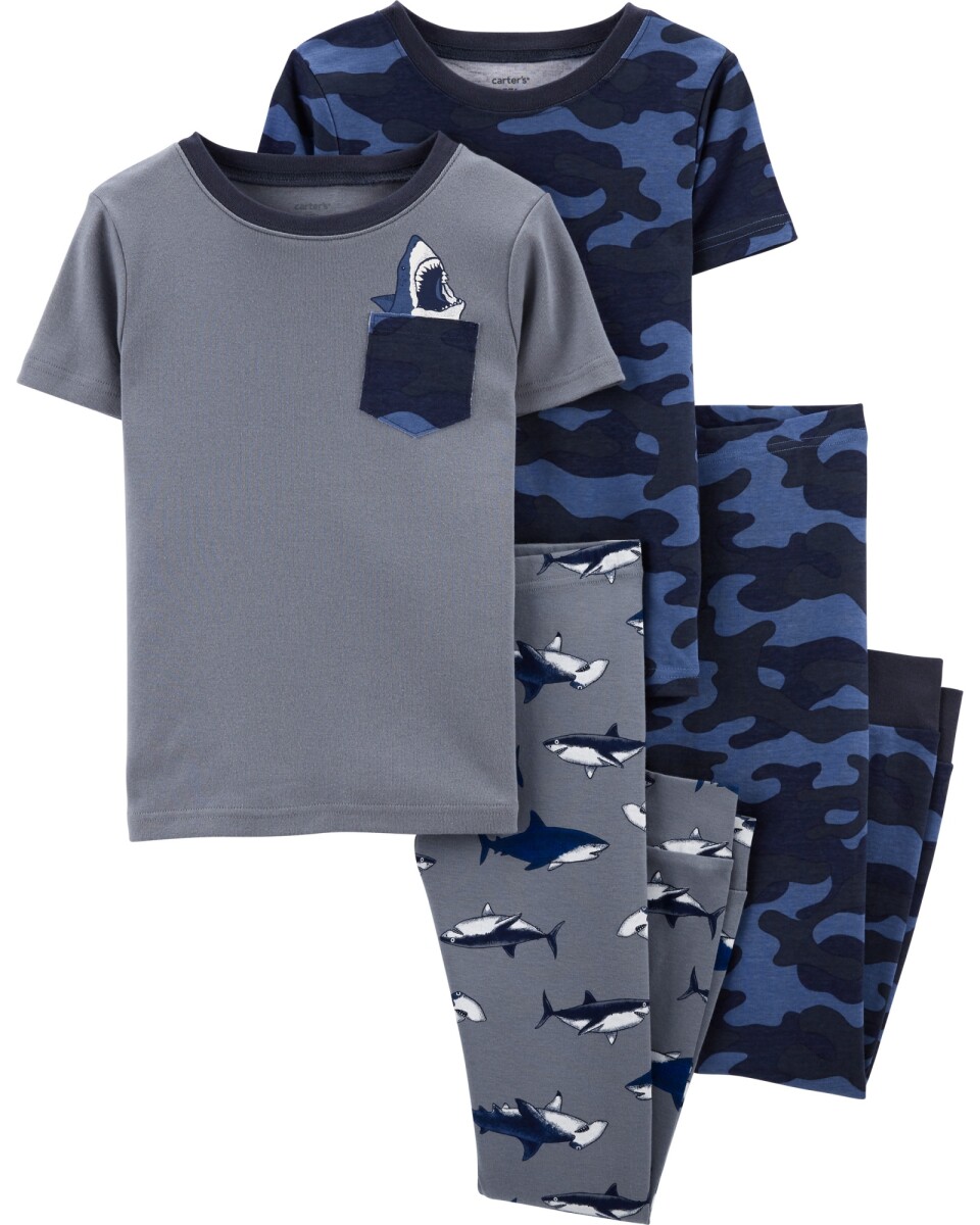 Pijama cuatro piezas de algodón, dos pantalones y dos remeras, diseño tiburones 