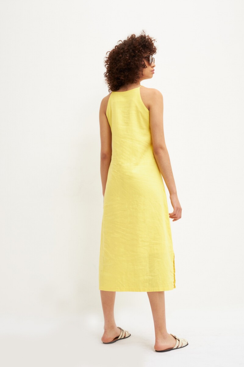 Maxi vestido de lino con tajos en laterales amarillo