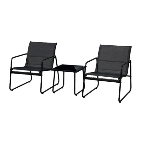 Set de 2 sillones de metal y red + mesa de vidrio y metal Set de 2 sillones de metal y red + mesa de vidrio y metal