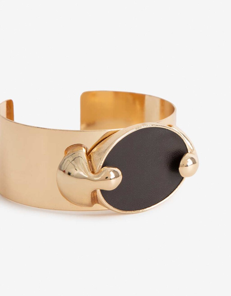 Brazaletes Color Brazalete Metal Y Cuerina - Dorado