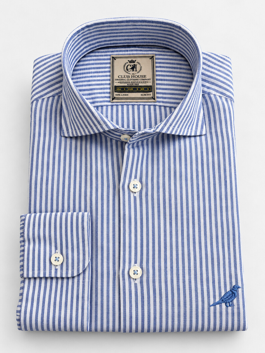 Camisa Lino Hudson Collar - Rayas Azul Náutico 