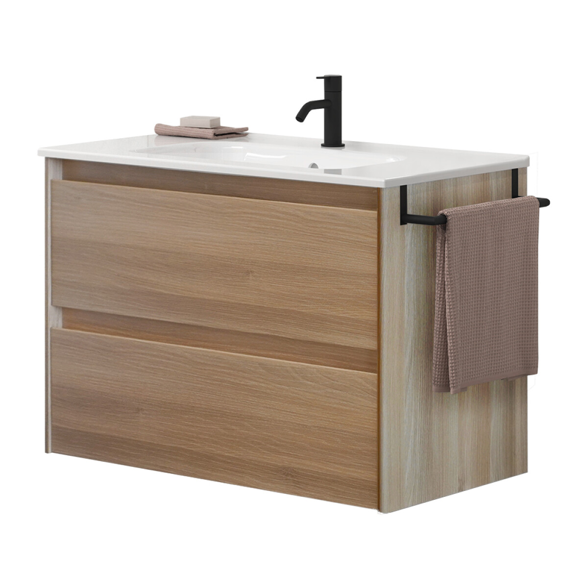 Mueble Baño Suspendido Modelo Alfa 80 Cm Color Roble Nórdico Con Mesada Y Bacha 