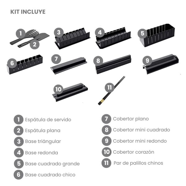 Kit Moldes Para Hacer Sushi Set X 8 Fabrica Cortadores espatulas palillos IMBACK Color Negro Kit Moldes Para Hacer Sushi Set X 8 Fabrica Cortadores espatulas palillos IMBACK Color Negro