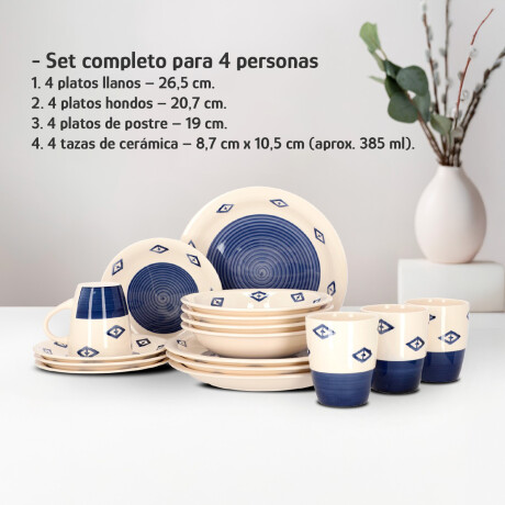 Juego Vajilla 16 Piezas Cerámica 4 Personas Diseño Moderno Azul/blanco