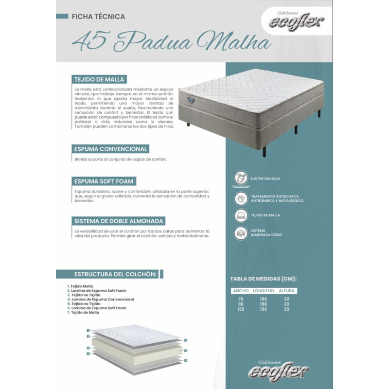 Colchón Espuma 2 Plazas ECOFLEX D45 138 x 188 x 20 cm Colchón Espuma 2 Plazas ECOFLEX D45 138 x 188 x 20 cm