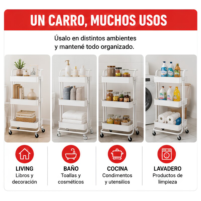 Carro organizador 3 estantes con ruedas BLANCO