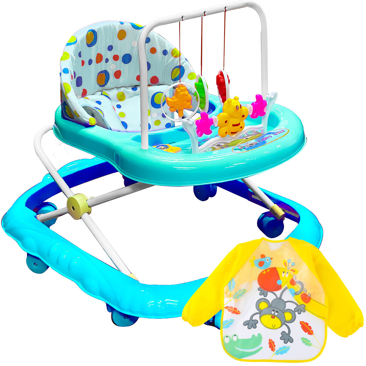 Andador Caminador Plegable P/ Bebé Didáctico + Babero - Azul 