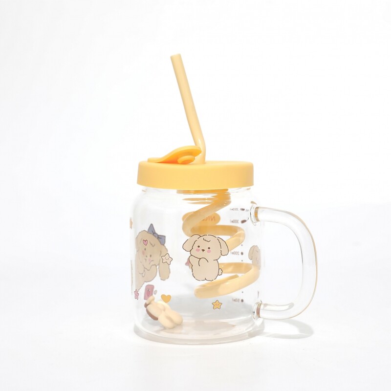 TAZA DE VIDRIO DIBUJOS ANIMADOS CON PAJITA EN ESPIRAL Y TAPA (AMARILLO/350 ML) TAZA DE VIDRIO DIBUJOS ANIMADOS CON PAJITA EN ESPIRAL Y TAPA (AMARILLO/350 ML)