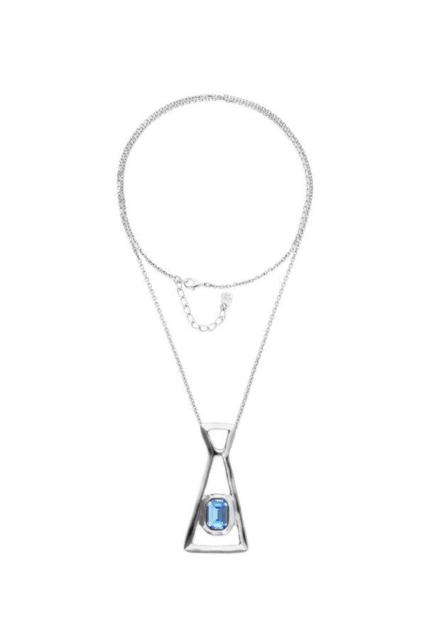 COLLAR LARGO DE ALEACIÓN DE METALES BAÑADO EN PLATA DE LEY CON CRISTAL FACETADO AZUL Colgante