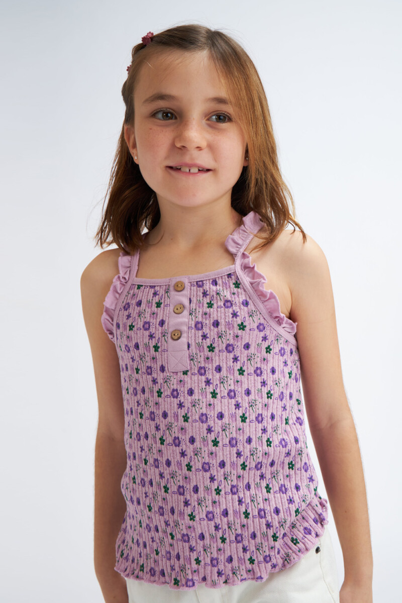 Camiseta en rib sin mangas con flores Lila
