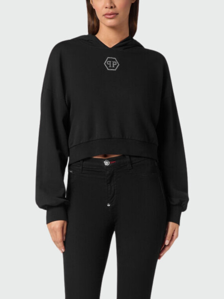 PHILIPP PLEIN - Sudadera corta c/capucha Cristales Hexágono Negro