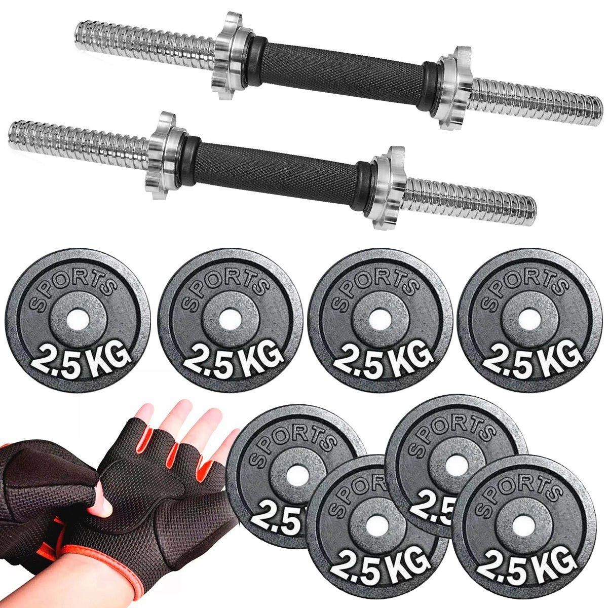 Set 2 Mancuernas Maciza Cromada + 20 Kilos + Guantes - 8 Discos de 2.5Kg 