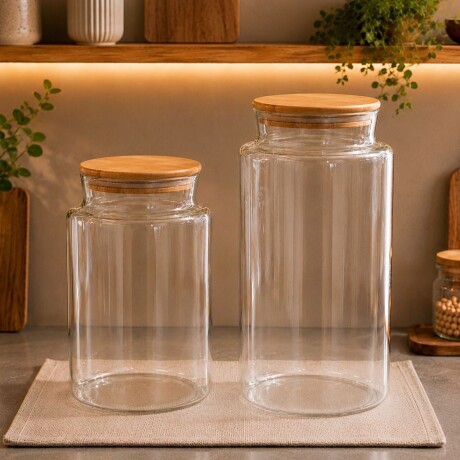 Frasco de Vidrio Grande con Tapa de Bambú 30cm Alto x 15cm Ø Frasco de Vidrio Grande con Tapa de Bambú 30cm Alto x 15cm Ø