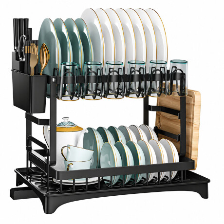 Escurridor Platos 2 Niveles Drenaje Automático Acero Inox Negro