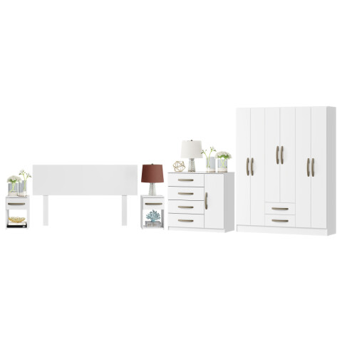 Combo Armario 6 Puertas, Respaldo, Mesas de luz, Cómoda - MDP - Blanco Combo Armario 6 Puertas, Respaldo, Mesas de luz, Cómoda - MDP - Blanco