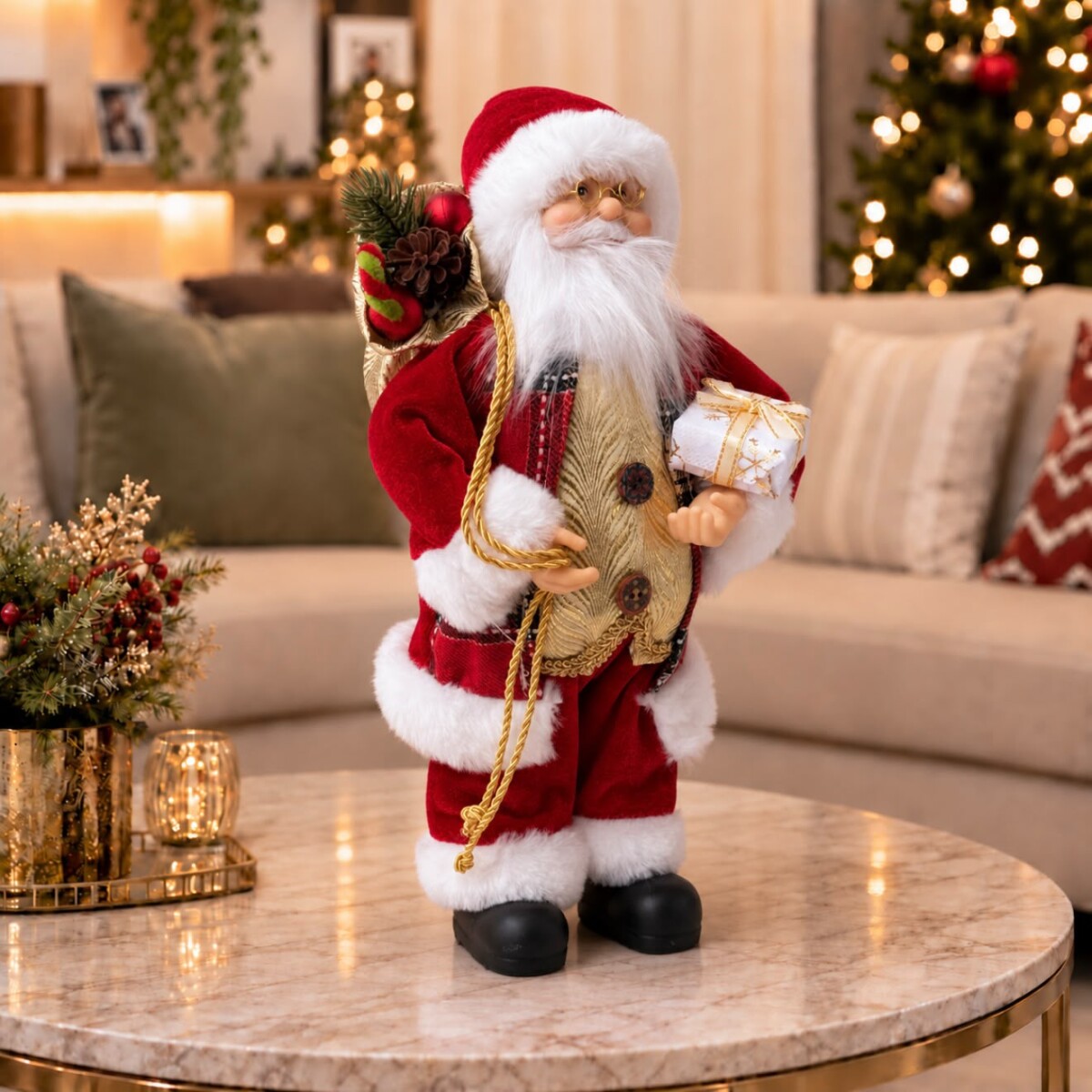 Papá Noel Decorativo Navideño con Chaleco Dorado - Altura 30cm 
