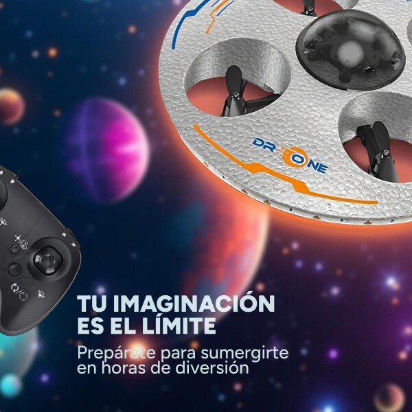 Drone Ovni Ufo Nave Espacial Luces RGB Control Remoto 80 Mts Color Gris