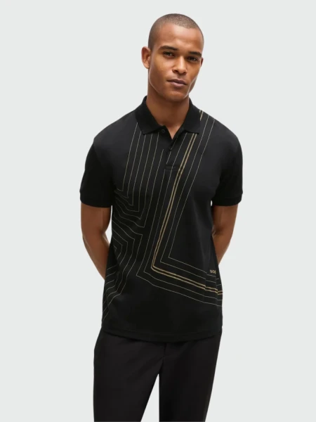 BOSS Polo de Algodón Interlock con Arte de Línea Fina Negro